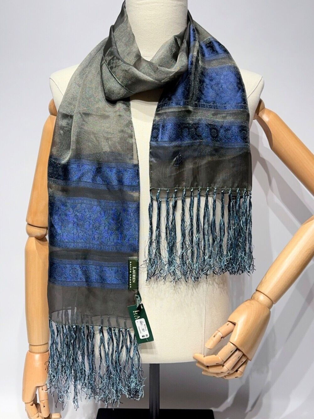 NWT $60 Lauren Ralph Lauren Italy Women’s Gray Blue Floral Fringe Scarf 69”x19”